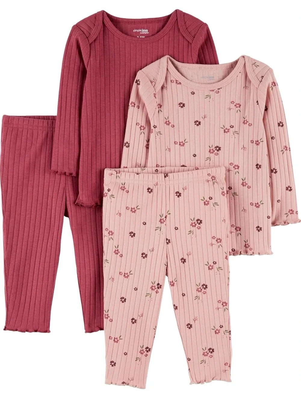 Kids 2-Pack Ribbed Floral and Solid Pink Pajama Set